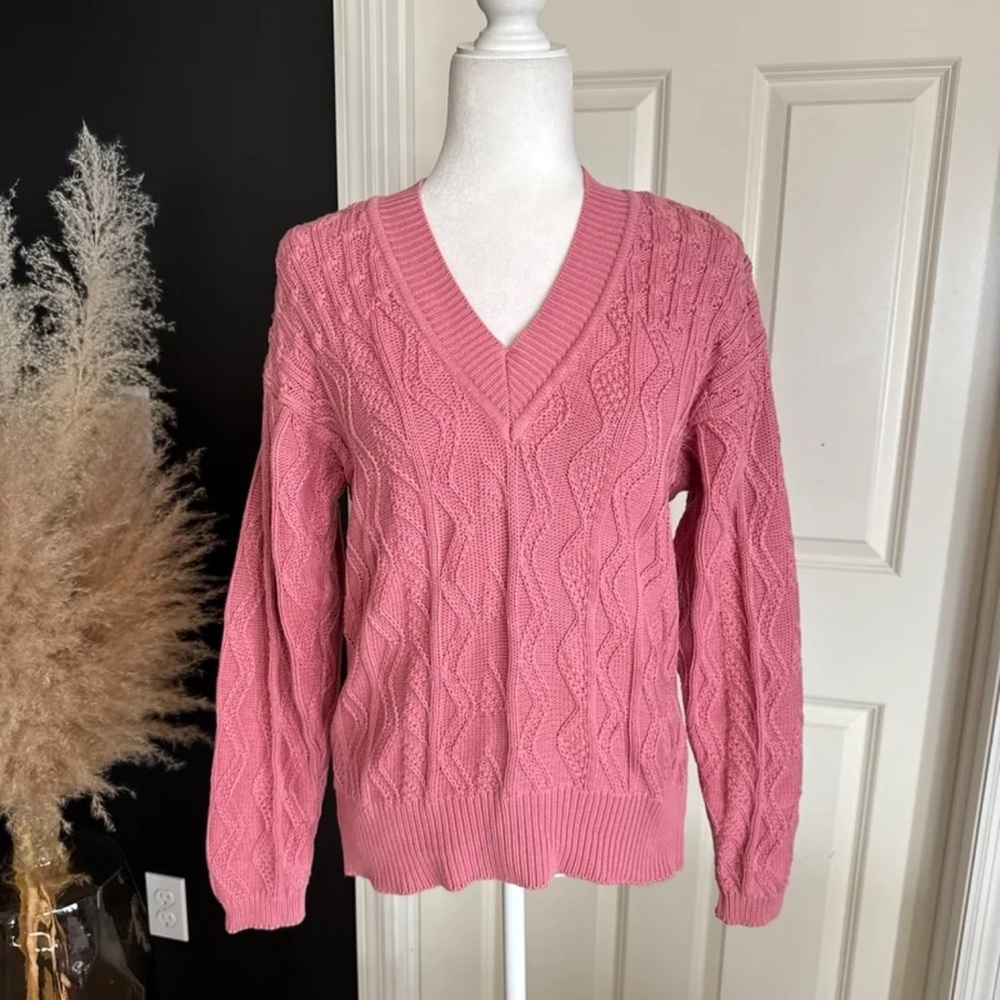 Vintage 100% Cotton Cable Knit V-neck Mauve Pink Sweater size Small